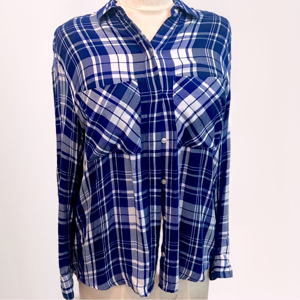 Oversized Plaid Button Down Flannel Shirt Blue And White